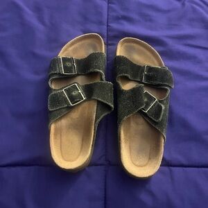 Women’s Black Birkenstock Arizona Shimmering Suede Buckle Slide Sandals